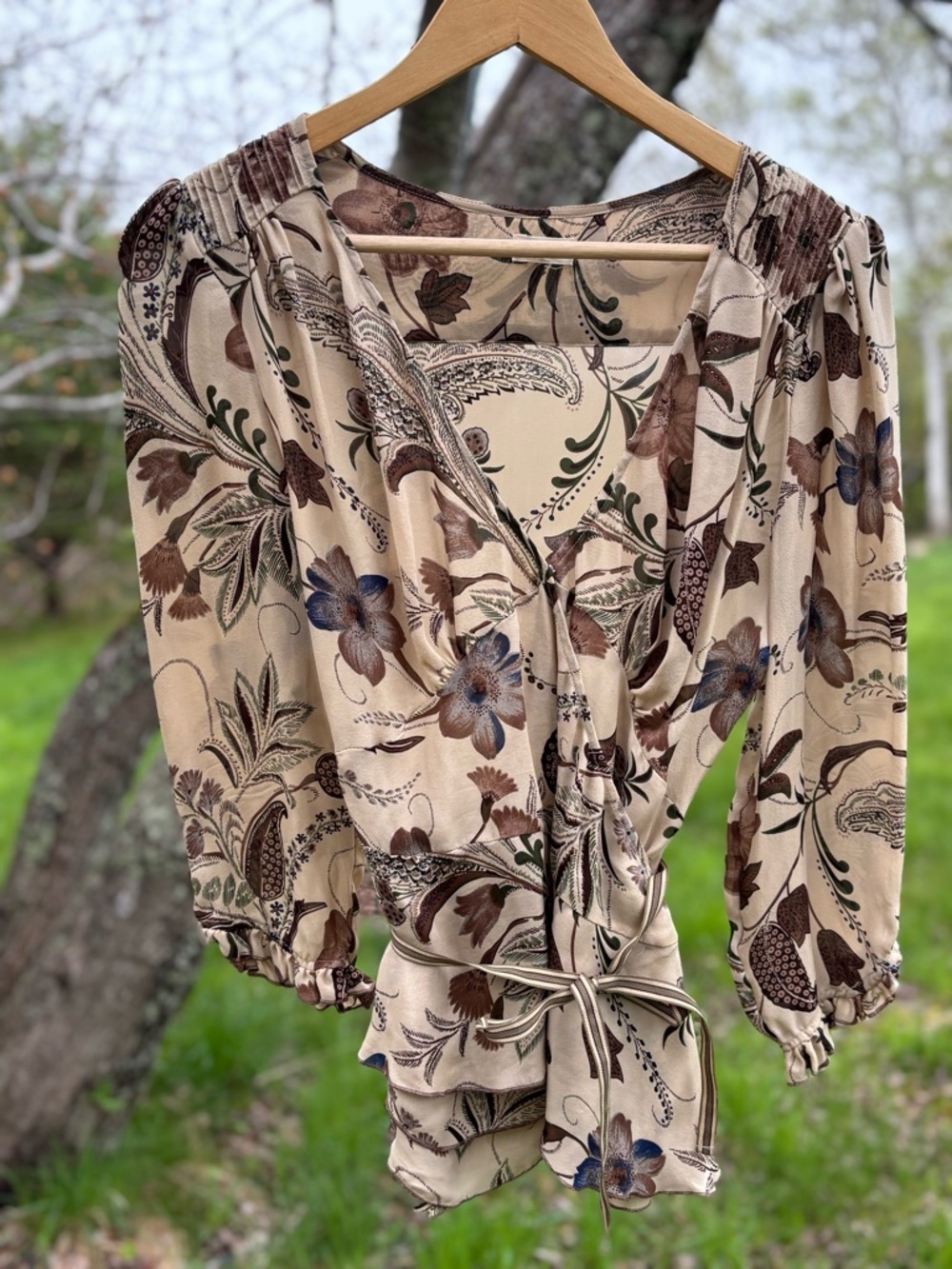 Silk Beige Floral Tie-Waist Blouse